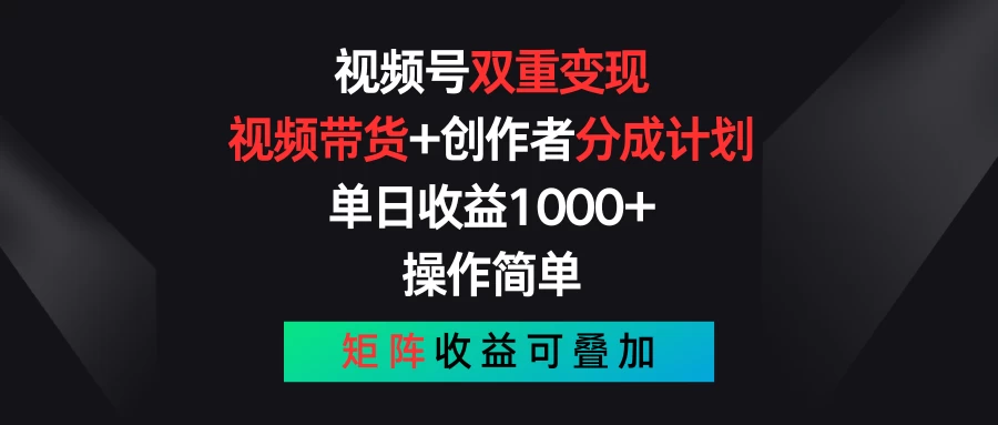 视频号双重变现，视频带货+创作者分成计划 , 单日收益1000+，操作简单，矩阵收益叠加-点点短视频网