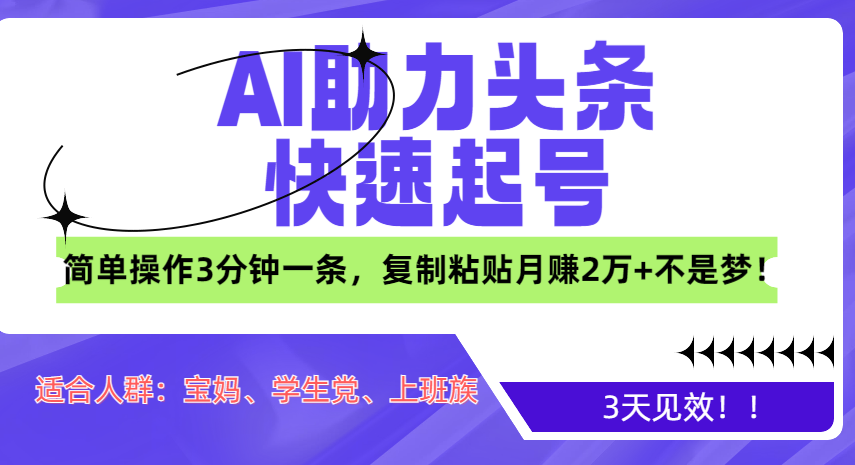 AI助力头条快速起号，3天见效！简单操作3分钟一条，复制粘贴月赚2万+不是梦！-点点短视频网