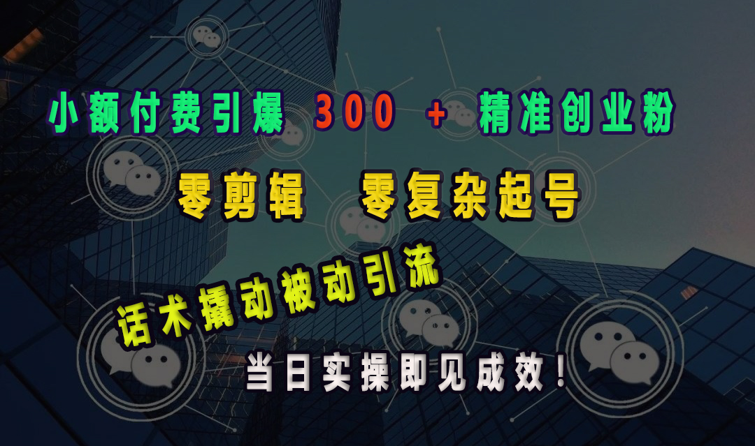 小额付费引爆 300 + 精准创业粉，零剪辑、零复杂起号，话术撬动被动引流，当日实操即见成效！-点点短视频网