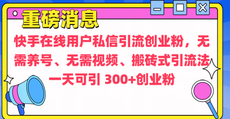 通过给快手在线用户私信引流创业粉，无需养号、无需视频、搬砖式引流法，一天可引300+创业粉-点点短视频网