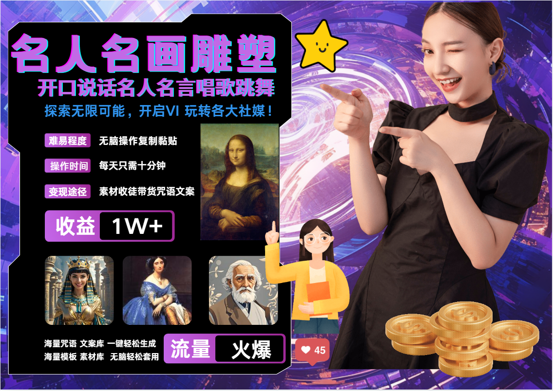 AI暴力起号 世界名画名人名言超强反转唱歌跳舞说话   吸睛火爆流量爆炸  每天三分钟 轻松月入破W-点点短视频网