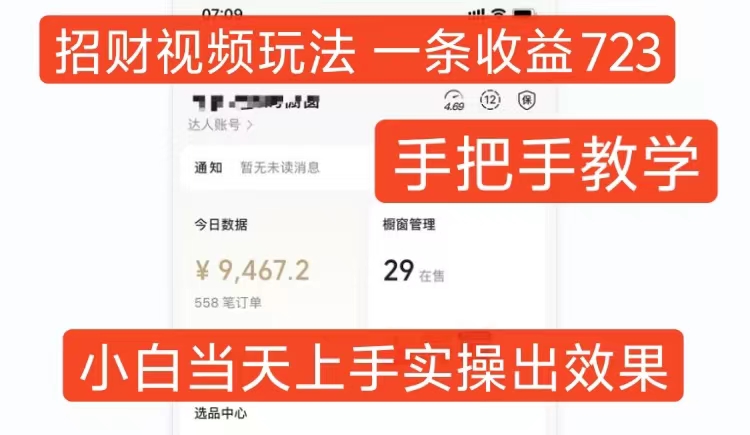 招财视频玩法，一条视频收益723，手把手教学，小白当天可上手-点点短视频网