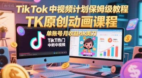 TikTok中视频计划保姆级教程，TK原创动画课程，单账号月收益4k美刀-点点短视频网