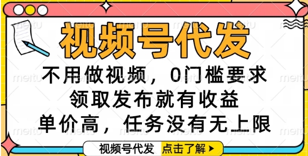 视频号代发，不用做视频，0门槛要求，领取发布就有收益，单价高，任务没有无上限【揭秘】-点点短视频网