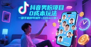 抖音男粉项目0成本玩法，一部手机即可操作，日均4张+，时间自由-点点短视频网