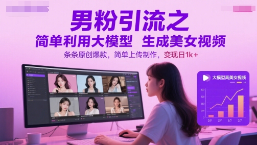男粉引流之简单利用大模型生成美女视频，条条原创爆款，简单上传制作，变现日1k+-点点短视频网