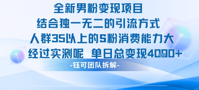 全新男粉变现项目引流人群35以上的男粉消费能力大 经过实测单日变现1k+-点点短视频网