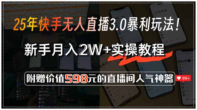 25年快手无人直播3.0暴利玩法！，新手月入2W+实操教程，附赠价值598元…-点点短视频网