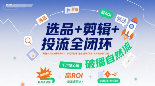 选品+剪辑+投流全闭环，破播自然流+撬动高ROI，手把手打通“选品-剪辑-测品-千川随心推”全链-点点短视频网