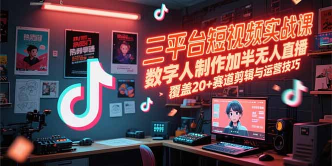 三平台短视频实战课，数字人制作加半无人直播，覆盖20+赛道剪辑与运营技巧-点点短视频网
