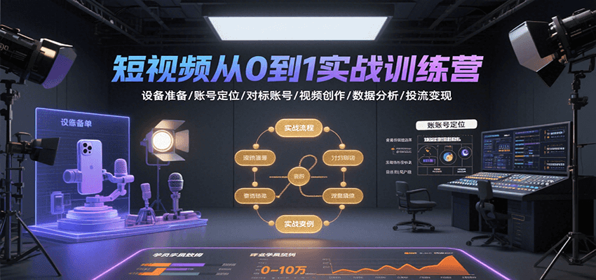 短视频从0到1实战训练营：设备准备/账号定位/对标账号/视频创作/数据分析/投流变现-点点短视频网