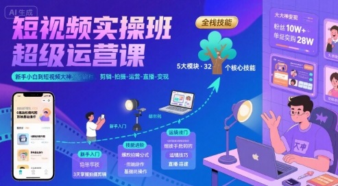 短视频实操班超级运营课，新手小白到短视频大神必修课程，剪辑-拍摄-运营-直播-变现-点点短视频网