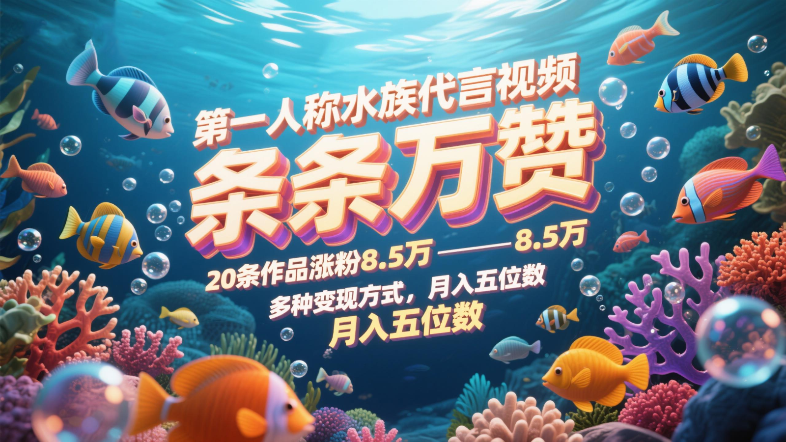 第一人称水族代言视频，条条万赞，20条作品涨粉8.5万，多种变现方式月，入五位数-点点短视频网