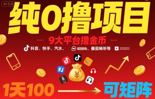 纯0撸项目，9大平台撸金币，抖音，快手，汽水，番茄畅听等，1天100，可矩阵-点点短视频网