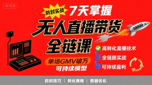 无人直播带货全链防封实战课，7天掌握高转化直播技术，实现单场GMV破万可持续模型-点点短视频网