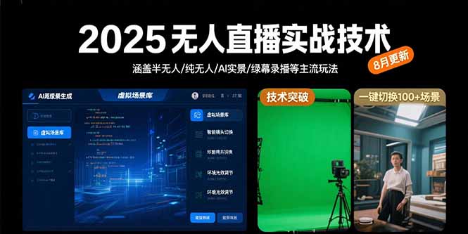 2025无人直播实战技术-8月，涵盖半无人/纯无人/AI实景/绿幕录播等主流玩法-点点短视频网