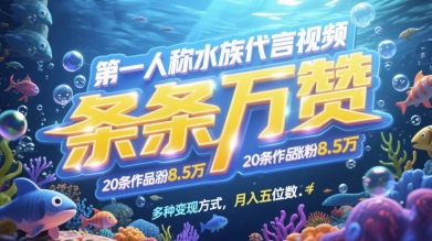 第一人称水族代言视频，条条万赞，20条作品涨粉7.8W，多种变现方式月入五位数-点点短视频网
