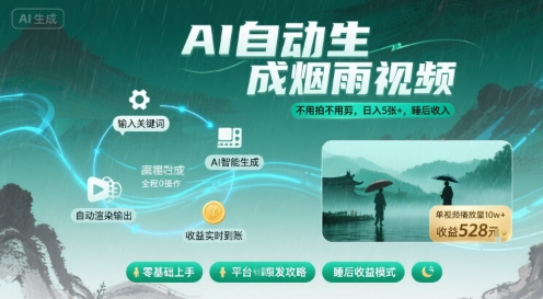 不用拍不用剪！AI自动生成烟雨视频，日入5张+，睡后收入-点点短视频网